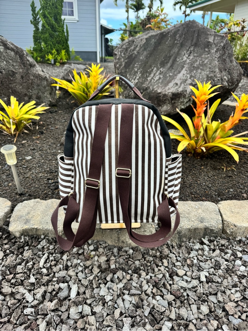 Henri Bendel Brown & White Stripe Backpack Diaper Bag Travel Bag - Picture 5 of 11